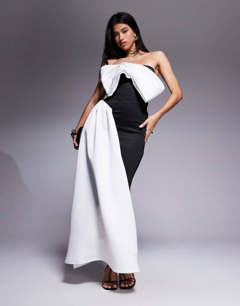 ASOS DESIGN - Premium - Neoprenartiges Maxikleid in Schwarz mit umgeschlagenem Carmen-Schnitt und farblich abgesetzter Schärpe von ASOS DESIGN