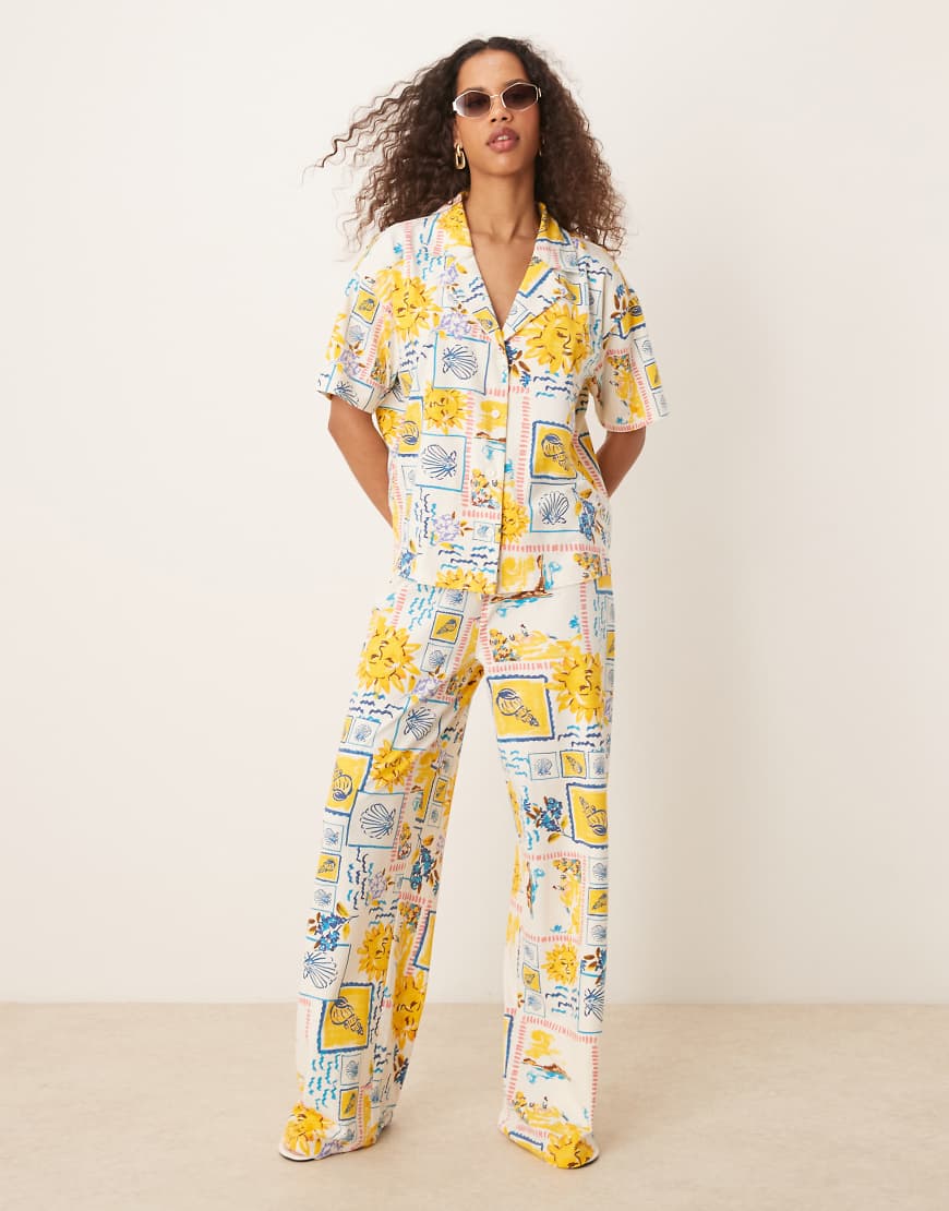 ASOS DESIGN - Hose in Leinenoptik mit weitem Bein und Postkartenmuster, Kombiteil-Weiß ASOS DESIGN - Hose in Leinenoptik mit weitem Bein und Postkartenmuster, Kombiteil-Weiß von ASOS DESIGN