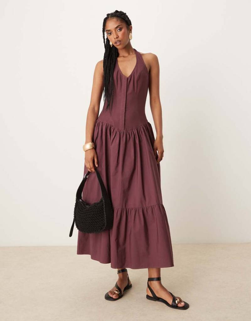 ASOS DESIGN - Hybrid-Maxikleid aus Popeline in intensivem Traubenrot mit Neckholder-Design-Lila von ASOS DESIGN