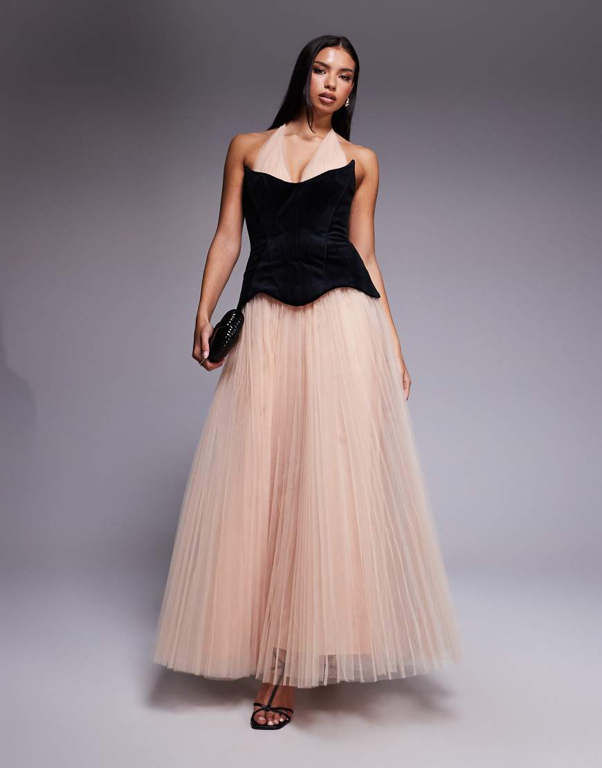 ASOS DESIGN - Hybrid-Maxikleid in Blush mit gebondetem Oberteil aus Samt und kontrastierendem plissiertem Tüllrock-Rosa von ASOS DESIGN