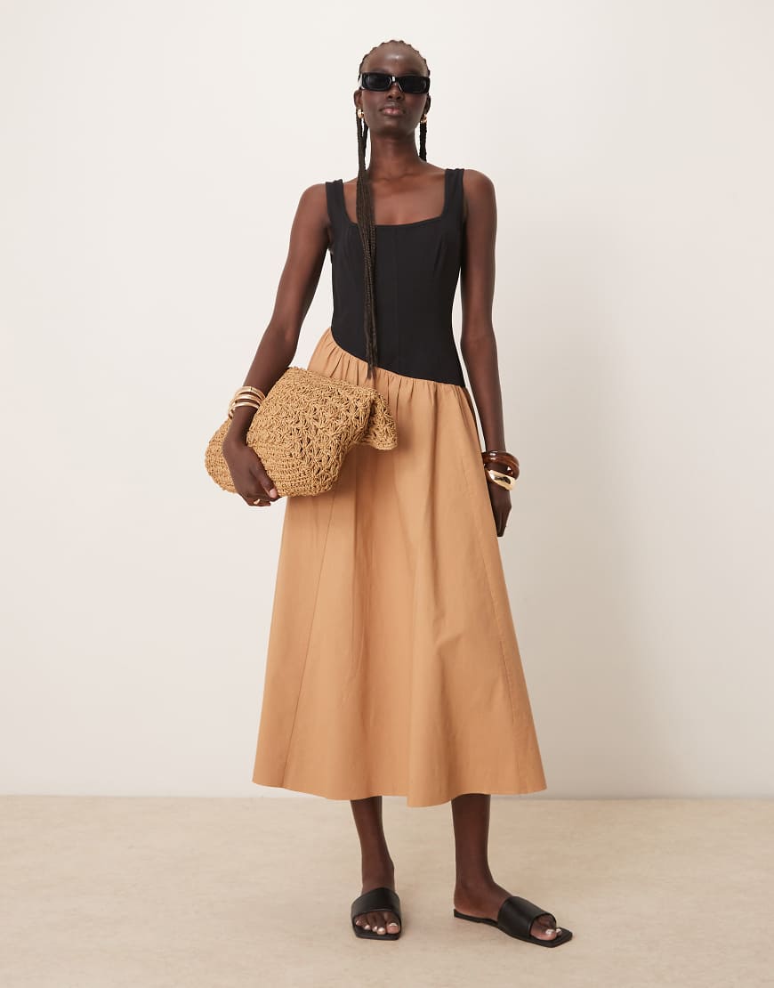 ASOS DESIGN - Hybrid-Maxikleid in Schwarz und Hellbraun mit eckigem Ausschnitt und asymmetrischer, tiefer Taille-Bunt von ASOS DESIGN