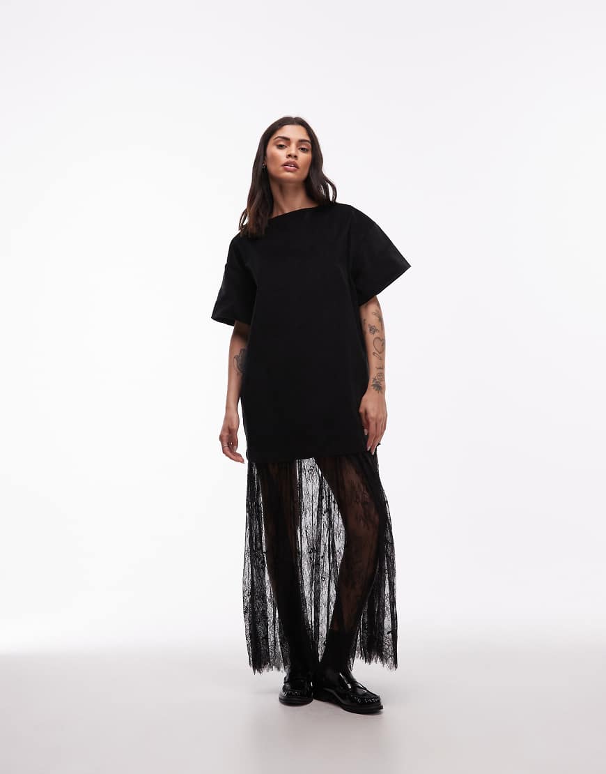 ASOS DESIGN - Hybrid-T-Shirt-Maxikleid aus Cord in Schwarz mit Rock aus Spitze von ASOS DESIGN