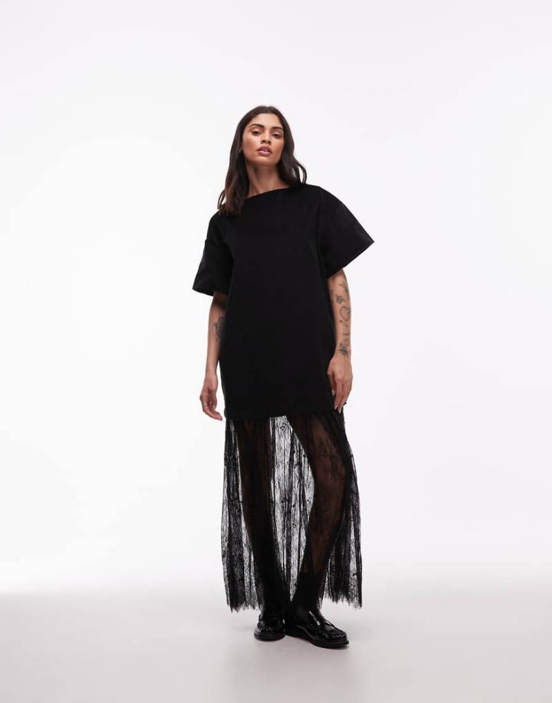 ASOS DESIGN - Hybrid-T-Shirt-Maxikleid aus Cord in Schwarz mit Rock aus Spitze von ASOS DESIGN