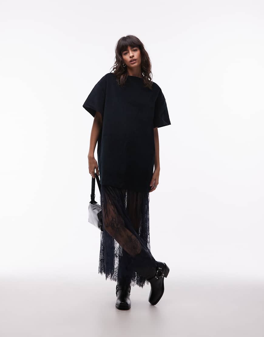 ASOS DESIGN - Hybrid-T-Shirt-Maxikleid aus Cord in dunklem Marineblau mit Rock aus Spitze von ASOS DESIGN