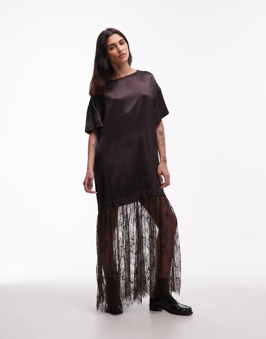 ASOS DESIGN - Hybrid-T-Shirt-Maxikleid aus Satin in dunklem Schokobraun mit Rock aus Spitze-Brown von ASOS DESIGN