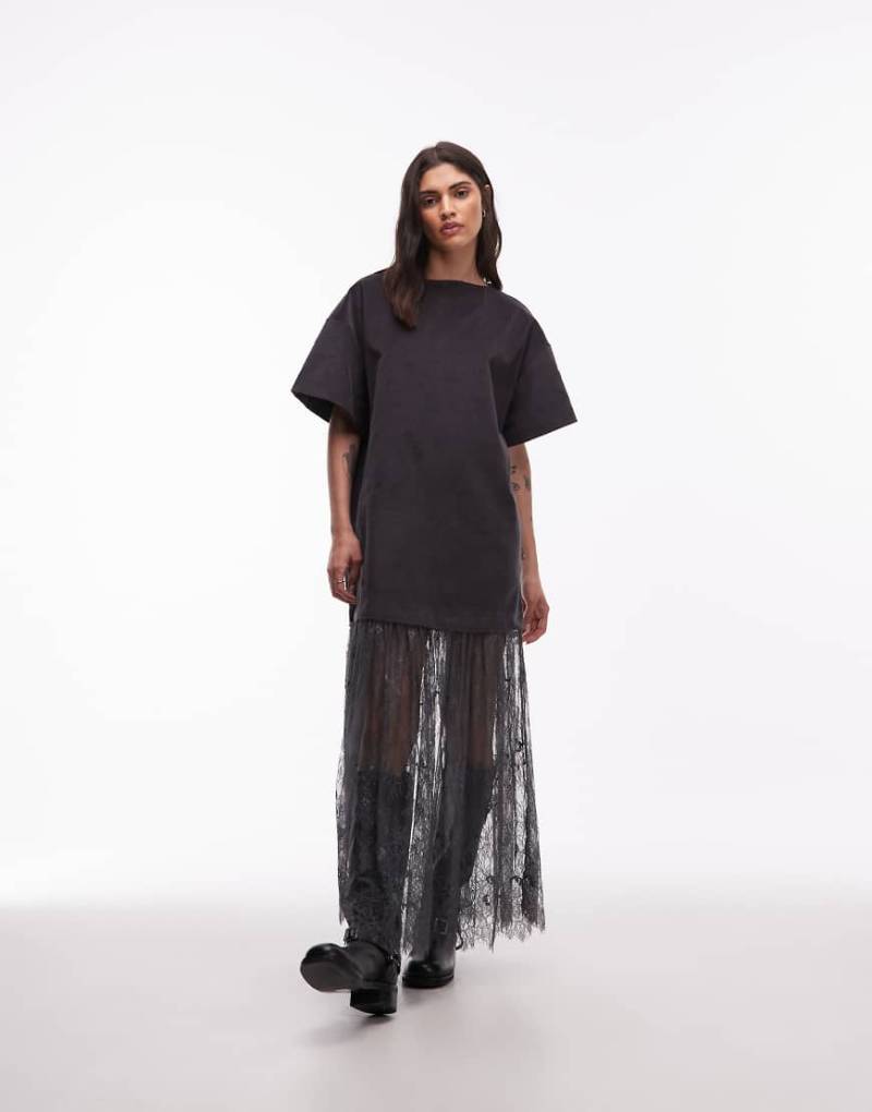 ASOS DESIGN - Hybrid-T-Shirt-Minikleid aus Cord in Anthrazit mit Rock aus Spitze-Grau von ASOS DESIGN
