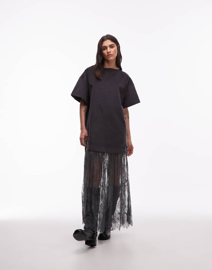 ASOS DESIGN - Hybrid-T-Shirt-Minikleid aus Cord in Anthrazit mit Rock aus Spitze-Grau von ASOS DESIGN
