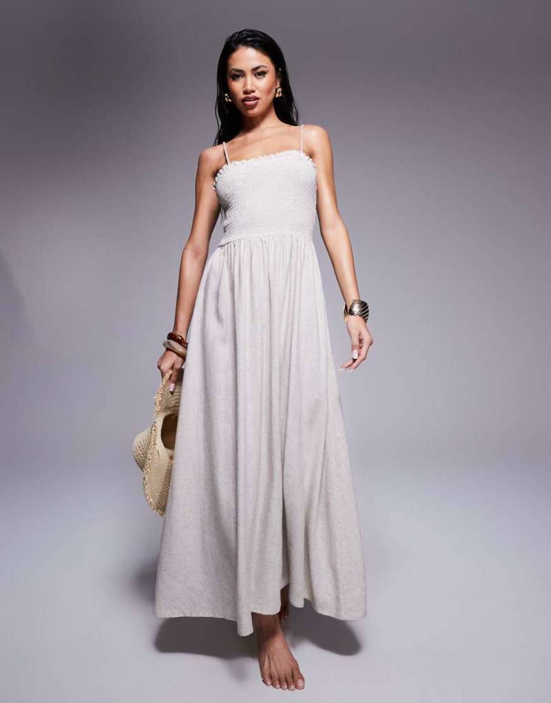 ASOS DESIGN - Isabel - Gesmoktes, trägerloses Strandkleid aus Leinenmix in Natur-Neutral von ASOS DESIGN