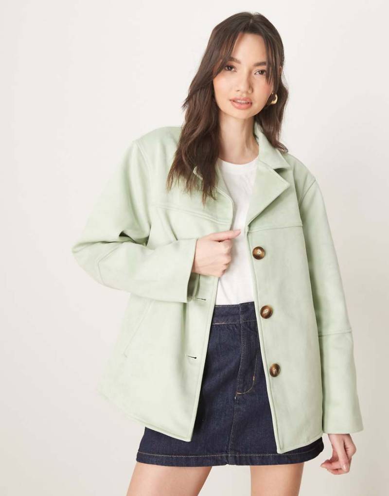 ASOS DESIGN - Jacke aus Wildlederimitat in Pastellgrün mit Knopfleiste vorne von ASOS DESIGN