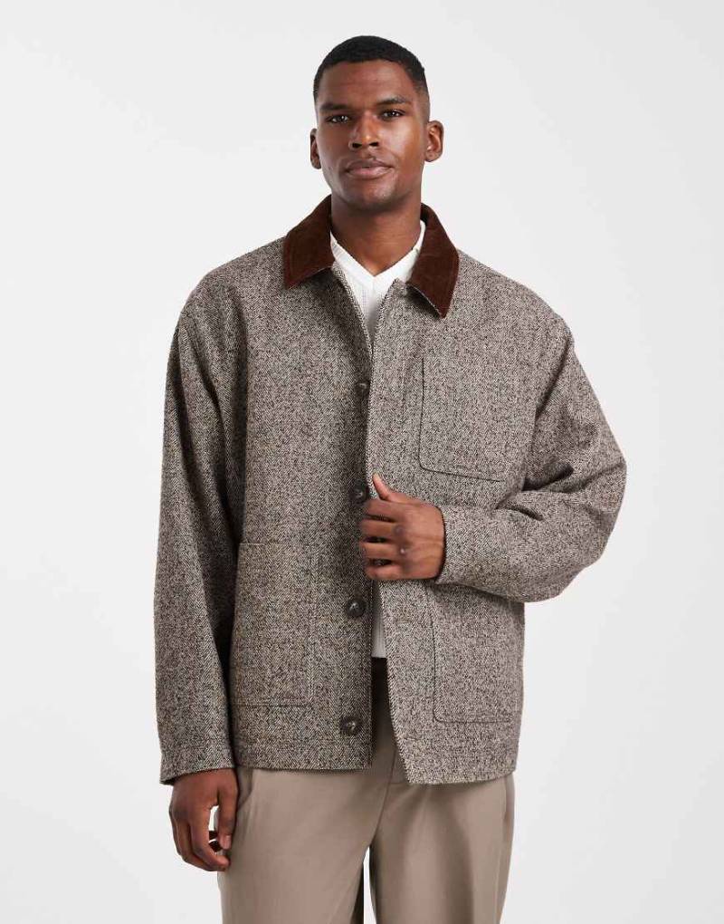 ASOS DESIGN - Jacke in brauner Wolloptik mit Fischgrätmuster-Brown von ASOS DESIGN