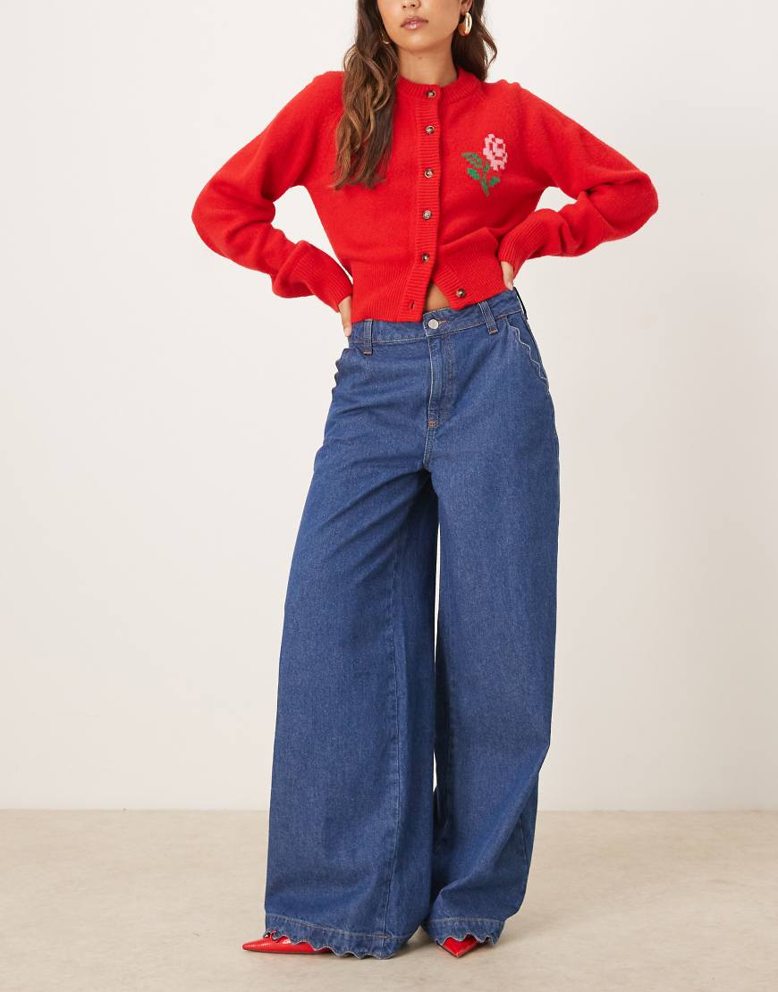 ASOS DESIGN - Palazzo-Jeans in dunkler Waschung mit weitem Bein und Saumdetail-Blau von ASOS DESIGN