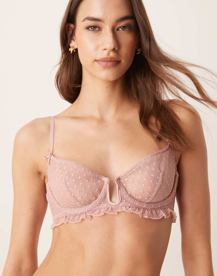 ASOS DESIGN - Jessie - Bügel-BH aus Netzstoff in Staubrosa mit Punkt-Stickereien und Rüschen-Keine Farbe von ASOS DESIGN