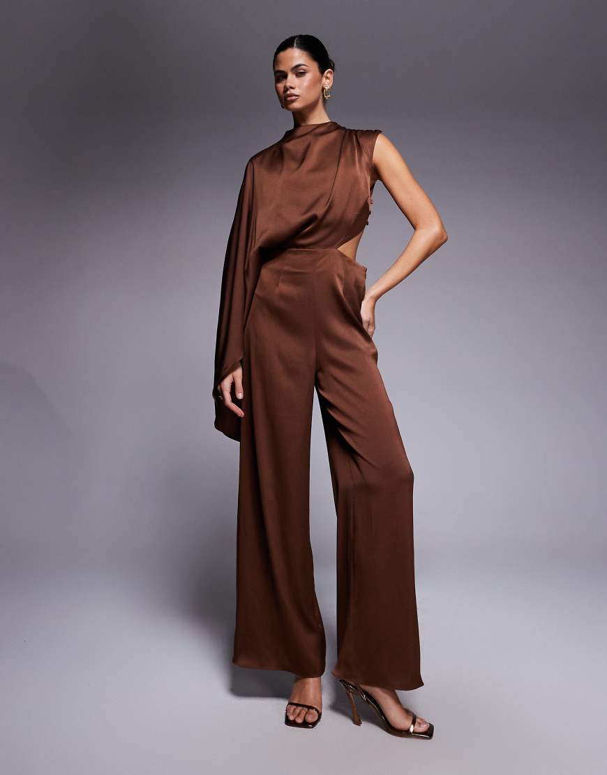 ASOS DESIGN - Jumpsuit aus Satin in Schokobraun mit One-Shoulder-Träger und Zierausschnitt-Brown ASOS DESIGN - Jumpsuit aus Satin in Schokobraun mit One-Shoulder-Träger und Zierausschnitt-Brown von ASOS DESIGN