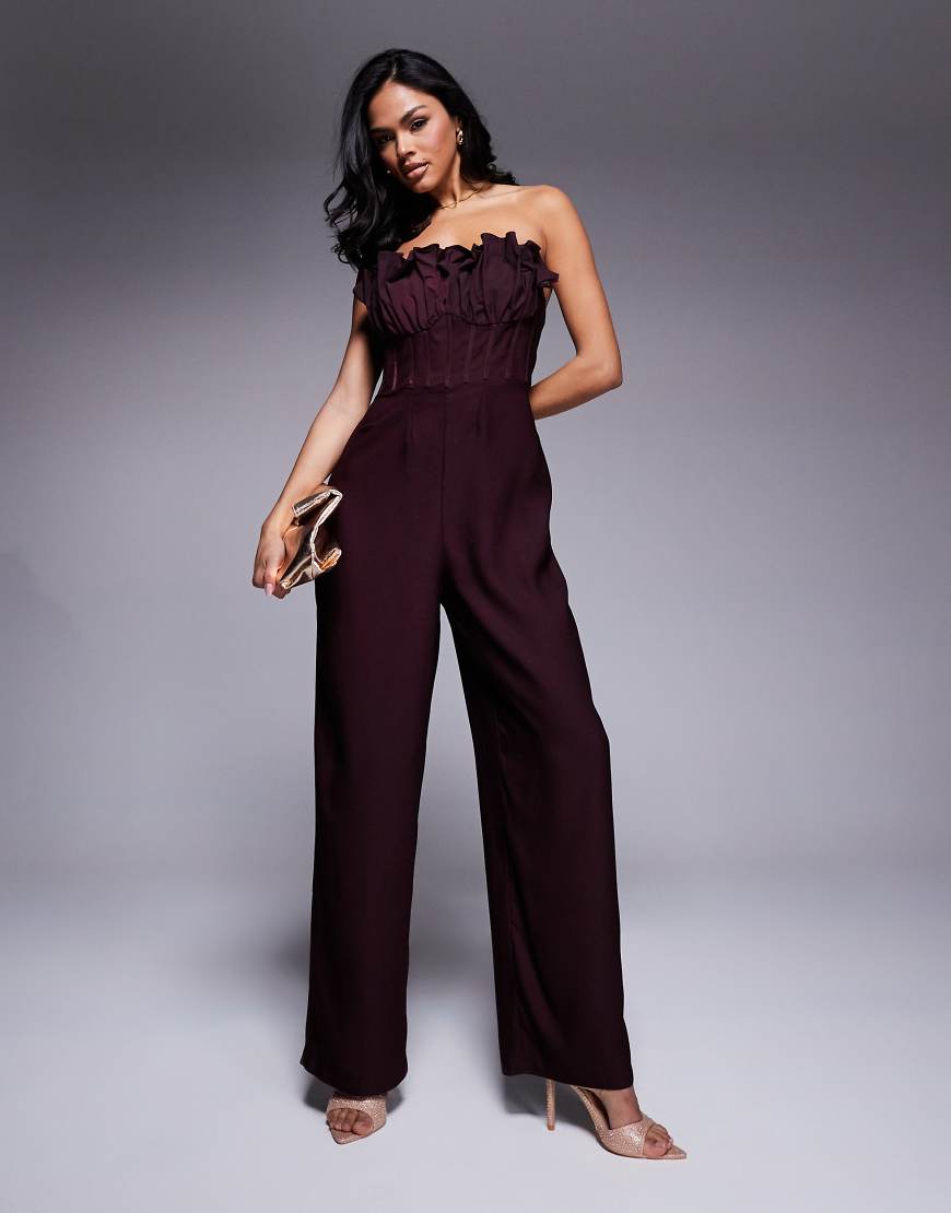 ASOS DESIGN - Jumpsuit in dunklem Schokobraun mit kontrastierendem Korsett-Oberteil mit gerüschter Brustpartie ASOS DESIGN - Jumpsuit in dunklem Schokobraun mit kontrastierendem Korsett-Oberteil mit gerüschter Brustpartie von ASOS DESIGN