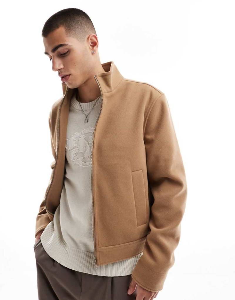 ASOS DESIGN - Kamelhaarfarbige Harrington-Jacke in Woll-Optik mit Stehkragen-Neutral von ASOS DESIGN