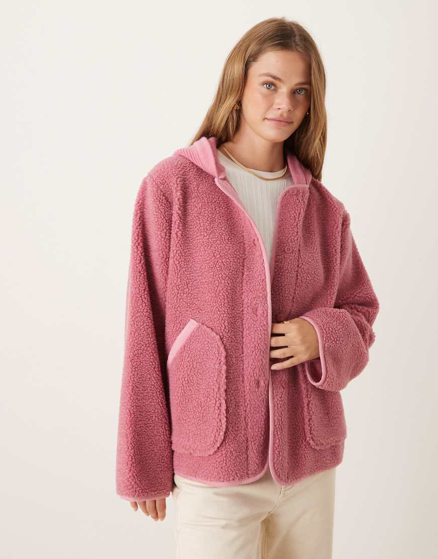 ASOS DESIGN - Kapuzenjacke aus Strick und Teddyfleece in farblich abgestimmtem Rosé-Rosa von ASOS DESIGN