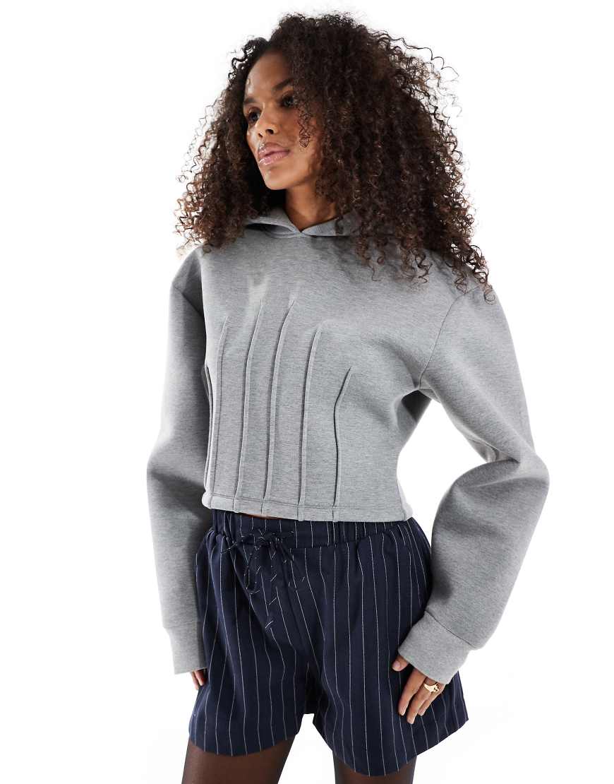 ASOS DESIGN - Kapuzenpullover aus neoprenähnlichem Stoff in meliertem Grau mit Korsett-Taille und Nahtdetail von ASOS DESIGN