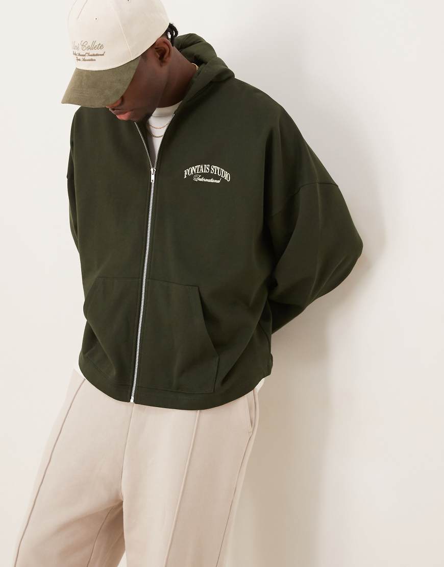 ASOS DESIGN - Kapuzenpullover in Dunkelgrün mit extremer Oversize-Passform sowie Brust- und Rückenprint von ASOS DESIGN