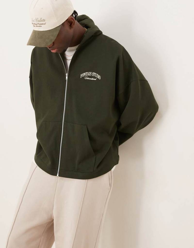 ASOS DESIGN - Kapuzenpullover in Dunkelgrün mit extremer Oversize-Passform sowie Brust- und Rückenprint von ASOS DESIGN