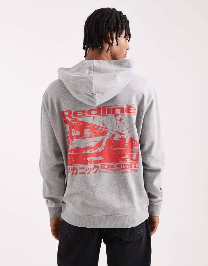 ASOS DESIGN - Kapuzenpullover in Grau meliert mit rotem Auto-Print von ASOS DESIGN