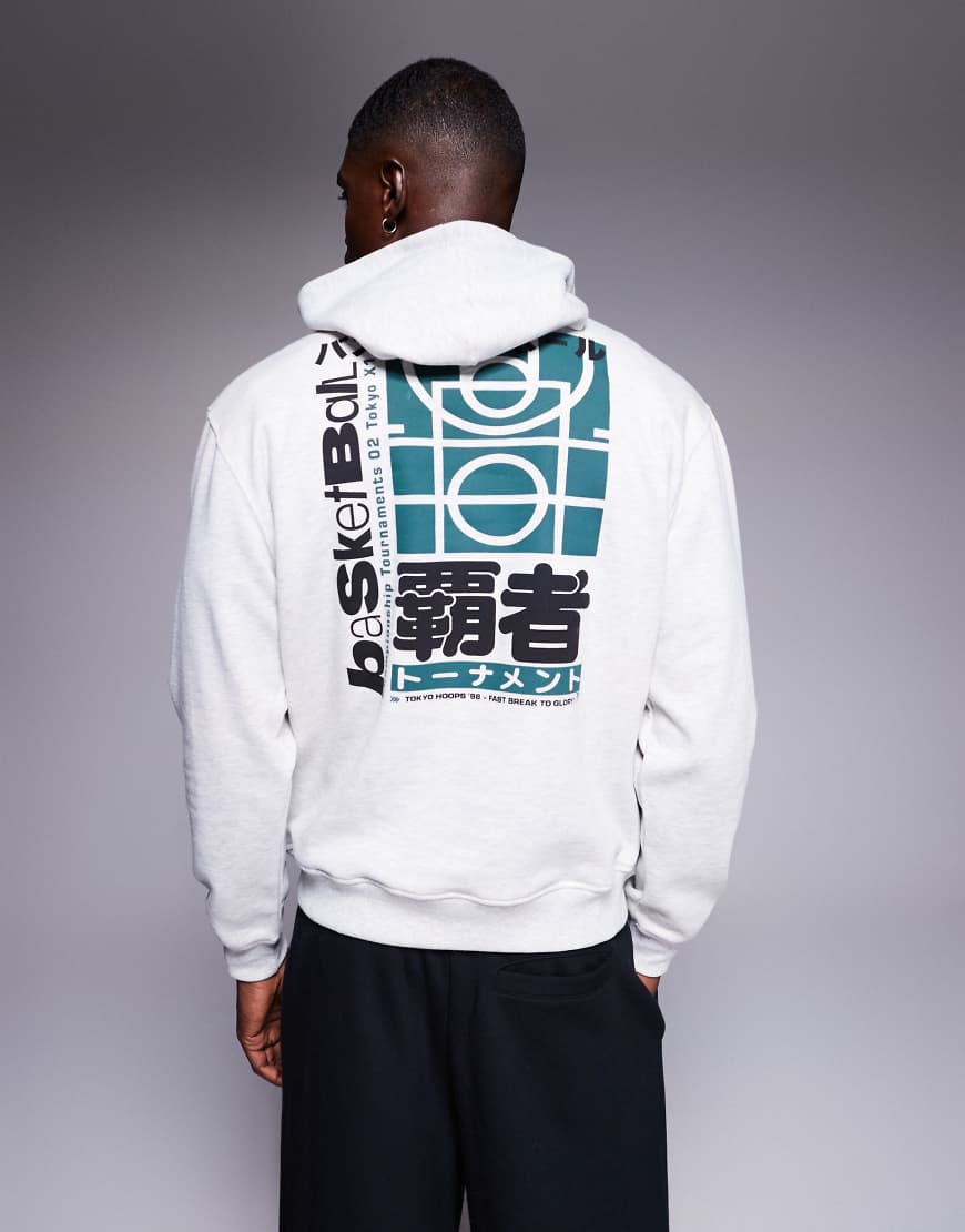 ASOS DESIGN - Kapuzenpullover in meliertem Eisgrau mit Rückenprint von ASOS DESIGN
