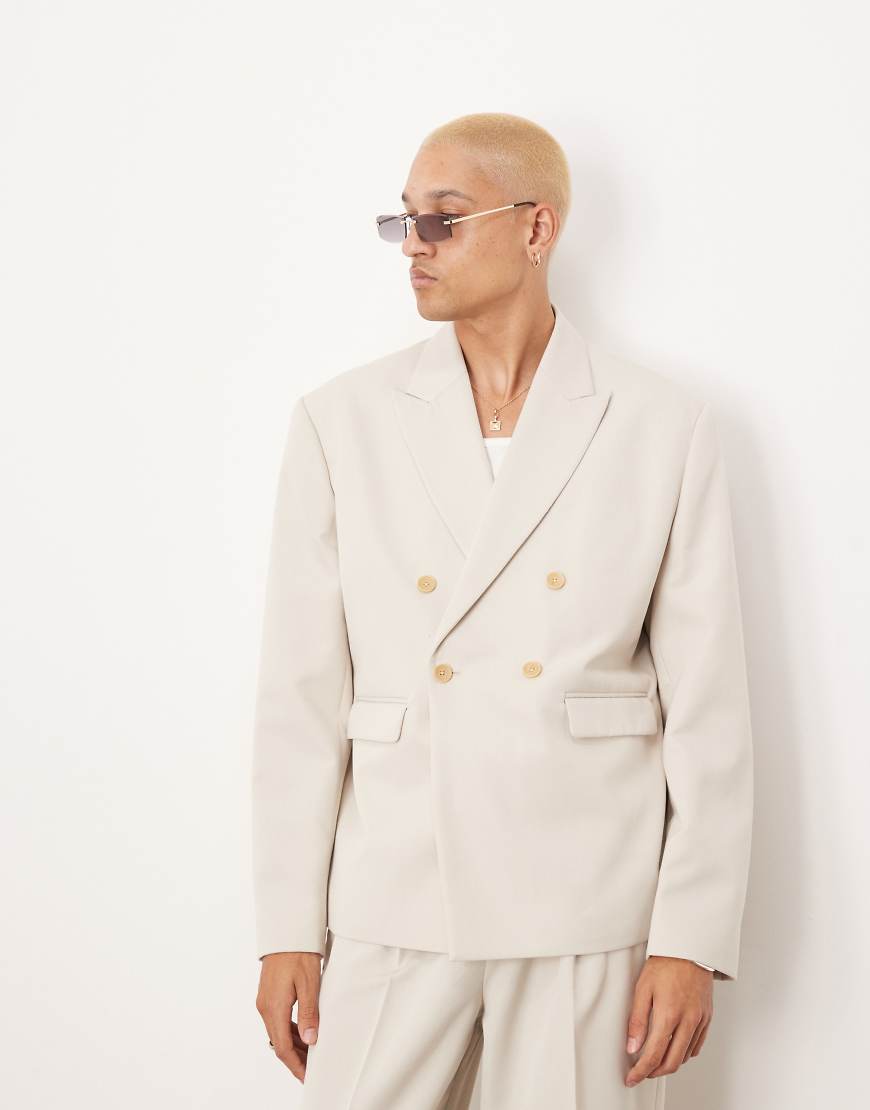 ASOS DESIGN - Kastig geschnittene, zweireihige Anzugjacke in Kieselbeige-Grau von ASOS DESIGN