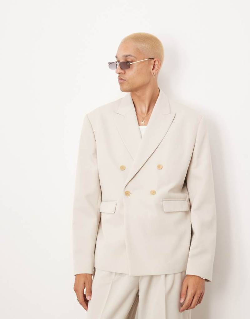 ASOS DESIGN - Kastig geschnittene, zweireihige Anzugjacke in Kieselbeige-Grau von ASOS DESIGN
