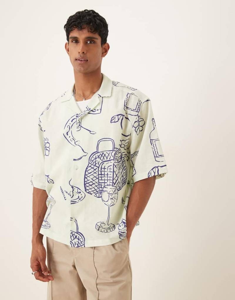 ASOS DESIGN - Kastig geschnittenes Hemd in Cremeweiß mit Oversize-Schnitt und Picknick-Print-Lila von ASOS DESIGN