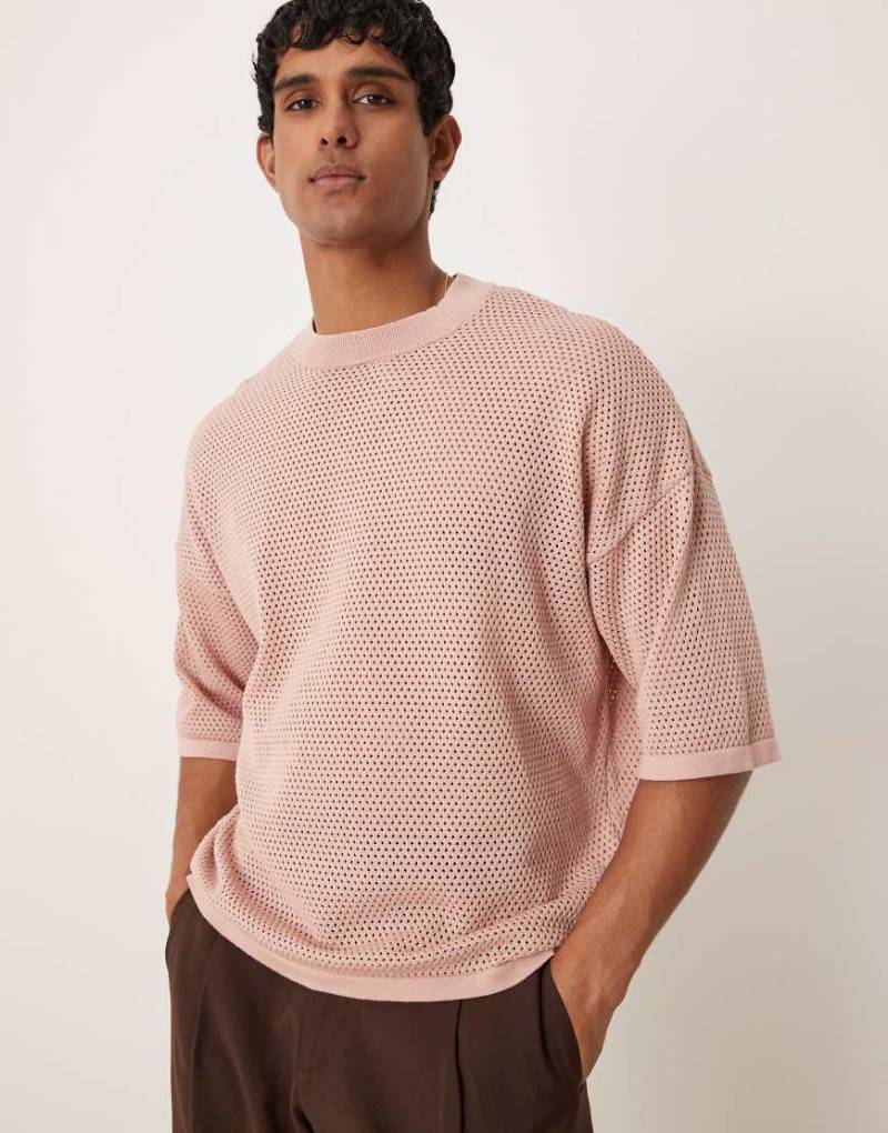 ASOS DESIGN - Oversize-T-Shirt in Hellrosa aus Strick mit Lochmuster und überschnittenen Schultern-Weiß von ASOS DESIGN