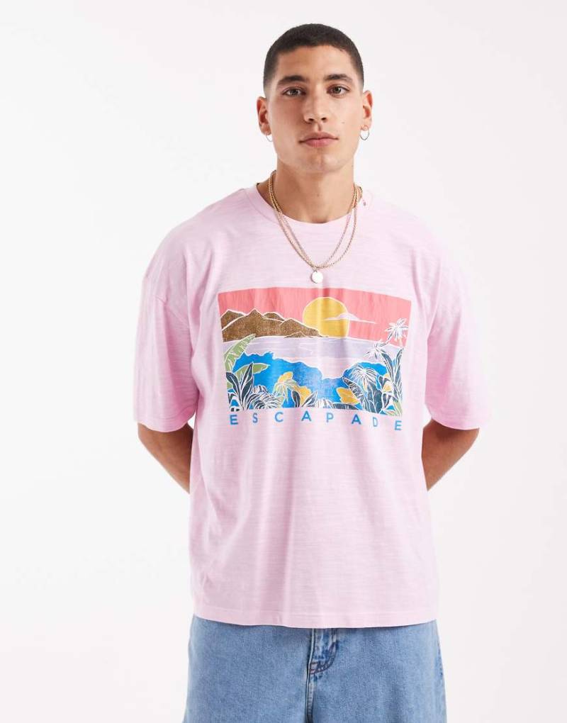 ASOS DESIGN - Kastig geschnittenes Oversize-T-Shirt in verwaschenem Rosa mit Struktur und sommerlicher Grafik von ASOS DESIGN