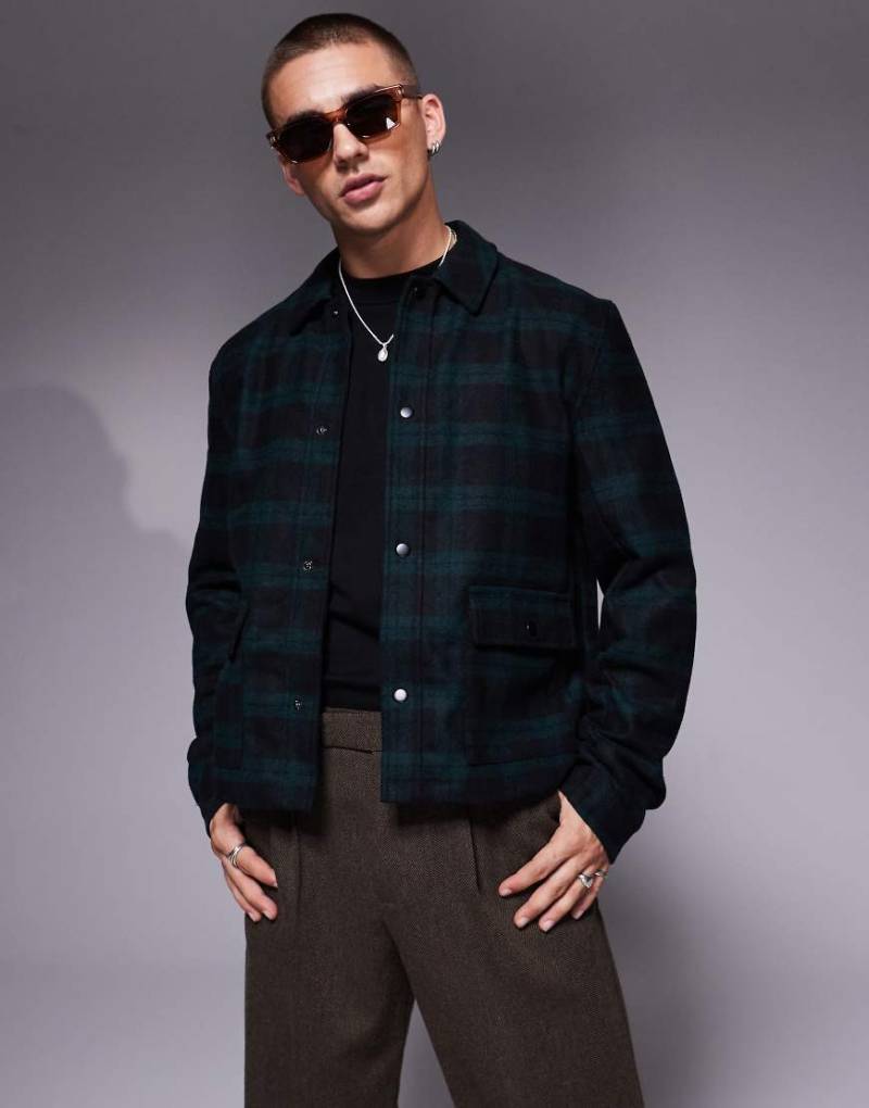 ASOS DESIGN - Kastige Harrington-Jacke in Woll-Optik in Grün mit Karomuster und Oversize-Schnitt von ASOS DESIGN