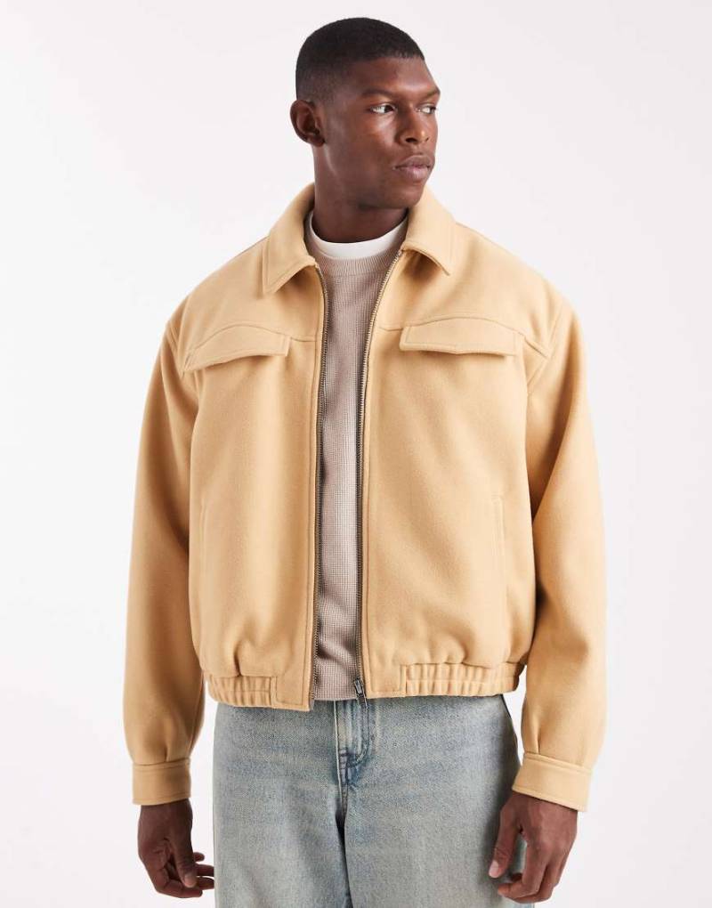 ASOS DESIGN - Kastige Harrington-Jacke in kamelbrauner Wolloptik-Neutral von ASOS DESIGN