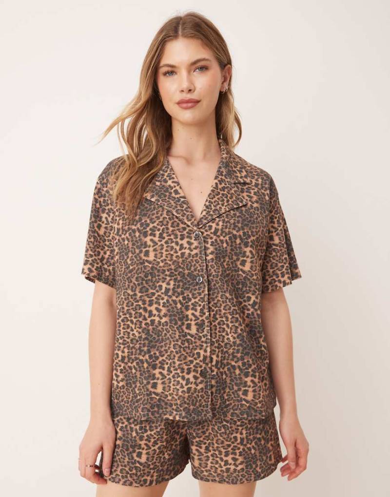 ASOS DESIGN - Kastige Hemdbluse mit Leopardenmuster, Reverskragen und Waffelstruktur-Schwarz von ASOS DESIGN