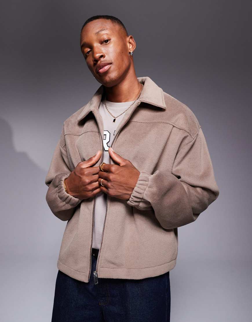 ASOS DESIGN - Harrington-Hemdjacke aus strukturiertem Fleece in Beige mit kastigem Oversize-Schnitt-Neutral von ASOS DESIGN