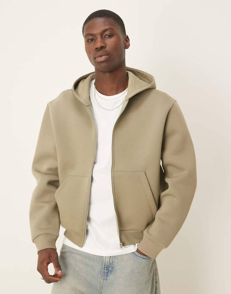 ASOS DESIGN - Kastige, locker geschnittene Kapuzenjacke aus schwerem, neoprenartigem Stoff in Khaki-Grün von ASOS DESIGN
