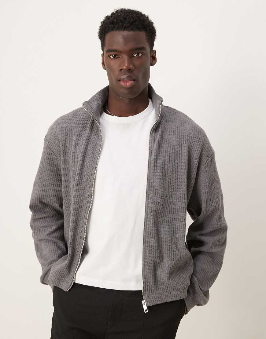 ASOS DESIGN - Kastige Oversize-Trainingsjacke aus angerautem Rippstrick in Anthrazit mit durchgehendem Reißverschluss und Taschen-Grau von ASOS DESIGN
