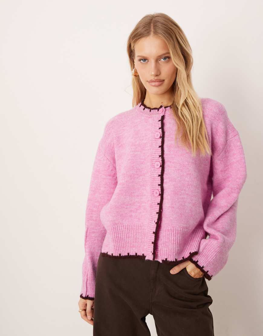 ASOS DESIGN - Kastige Strickjacke in Rosa mit Rundhalsausschnitt, Seitenschlitz und Languettenstich von ASOS DESIGN