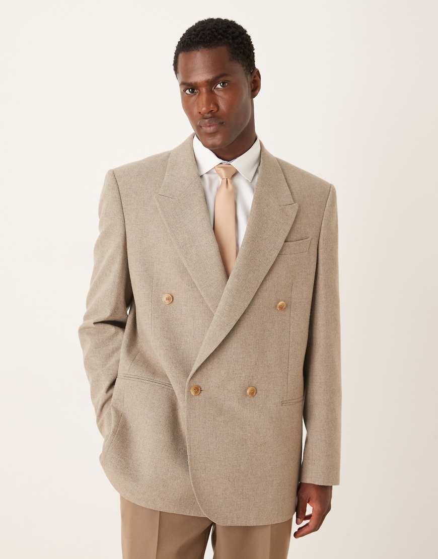 ASOS DESIGN - Kastiger, zweireihiger Anzug-Blazer in Beige mit Wollanteil, lockerer Passform und kleinem Karomuster-Neutral von ASOS DESIGN