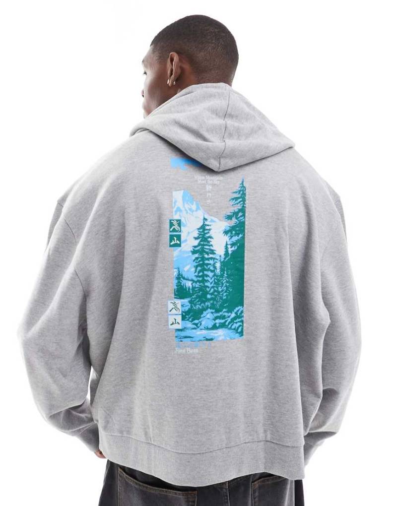 ASOS DESIGN - Kastiger Kapuzenpullover in Grau meliert mit extremer Oversize-Passform und Fotoprint hinten von ASOS DESIGN