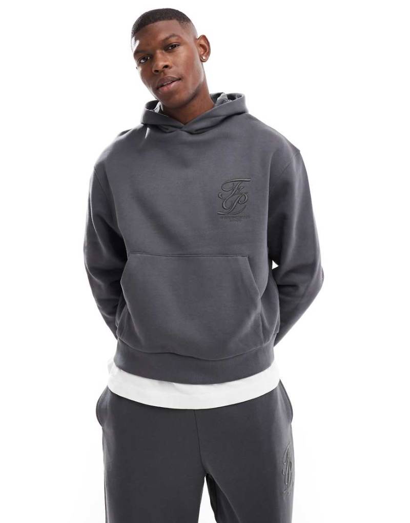 ASOS DESIGN - Premium - Kastiger Oversize-Kapuzenpullover in Anthrazit mit erhöhter Logo-Stickerei-Grau von ASOS DESIGN