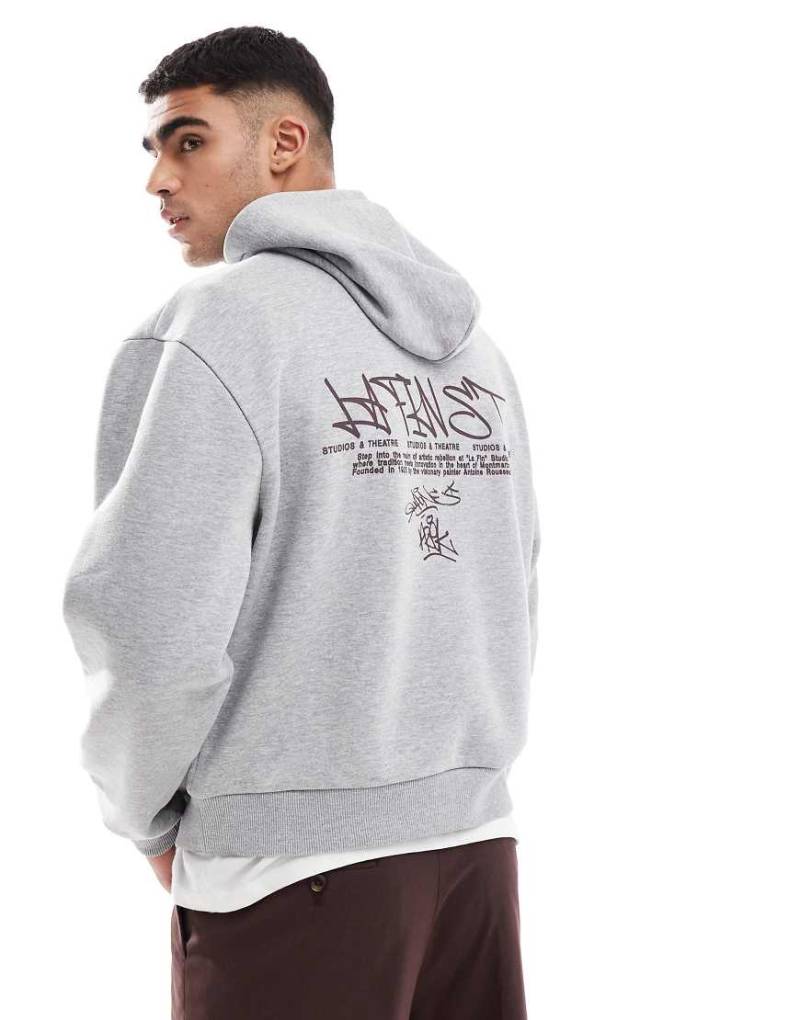 ASOS DESIGN - Kastiger Oversize-Kapuzenpullover in Grau meliert mit Ziernähten und Graffiti-Print von ASOS DESIGN