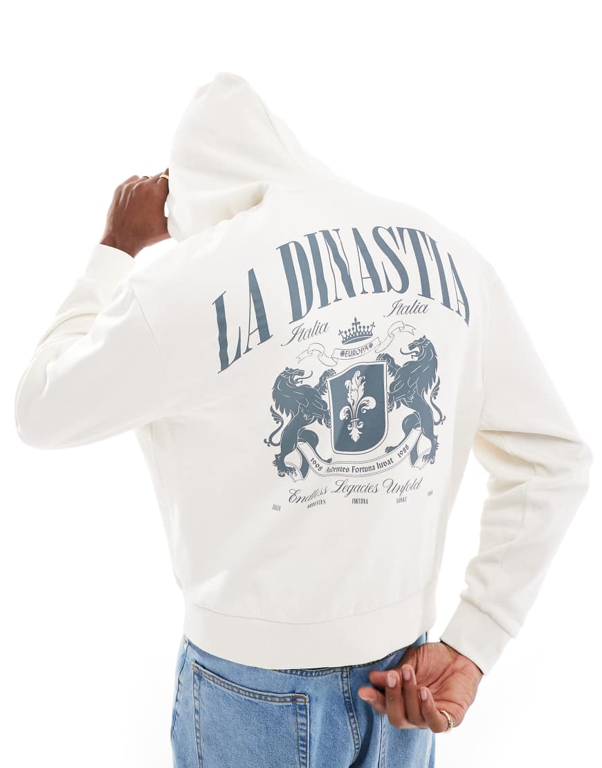 ASOS DESIGN - Kastiger Oversize-Kapuzenpullover in Steingrau mit Print auf der Vorder- und Rückseite ASOS DESIGN - Kastiger Oversize-Kapuzenpullover in Steingrau mit Print auf der Vorder- und Rückseite von ASOS DESIGN