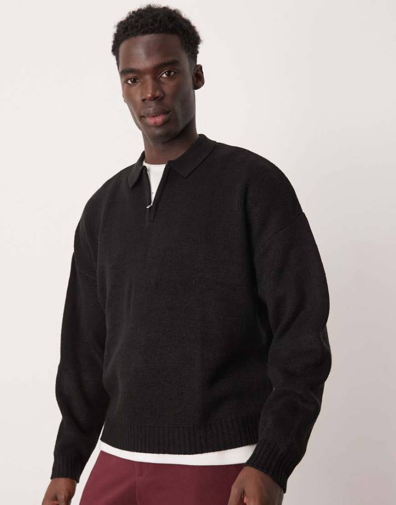 ASOS DESIGN - Kastiger Oversize-Polopullover aus Strick in Schwarz mit kurzem Reißverschluss von ASOS DESIGN