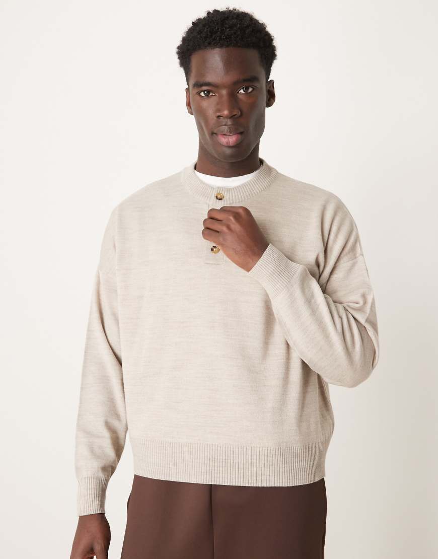 ASOS DESIGN - Kastiger Oversize-Pullover in Steingrau mit Henley-Ausschnitt-Neutral ASOS DESIGN - Kastiger Oversize-Pullover in Steingrau mit Henley-Ausschnitt-Neutral von ASOS DESIGN