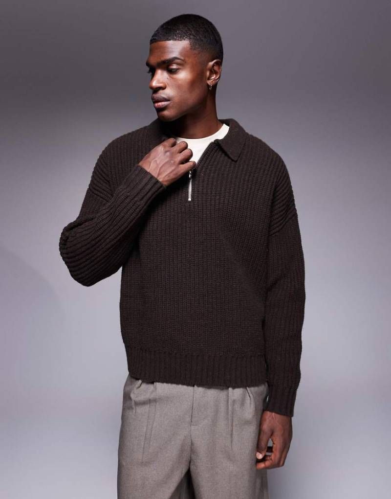 ASOS DESIGN - Kastiger Oversize-Strickpullover aus schwerem Wollmix in Braun mit kurzem Reißverschluss-Brown von ASOS DESIGN
