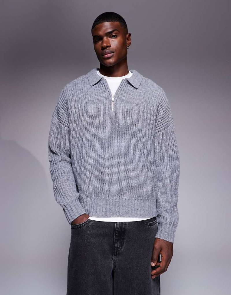 ASOS DESIGN - Kastiger Oversize-Strickpullover aus schwerem Wollmix in meliertem Grau mit kurzem Reißverschluss von ASOS DESIGN