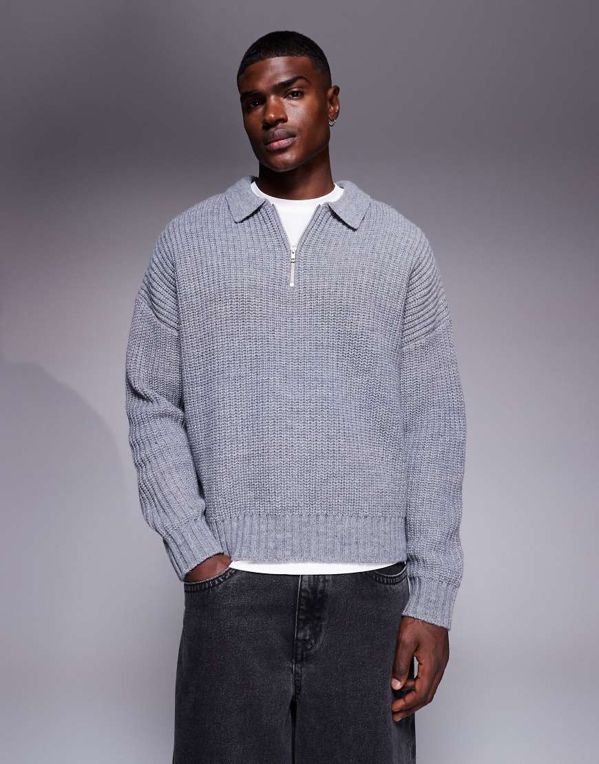 ASOS DESIGN - Kastiger Oversize-Strickpullover aus schwerem Wollmix in meliertem Grau mit kurzem Reißverschluss von ASOS DESIGN