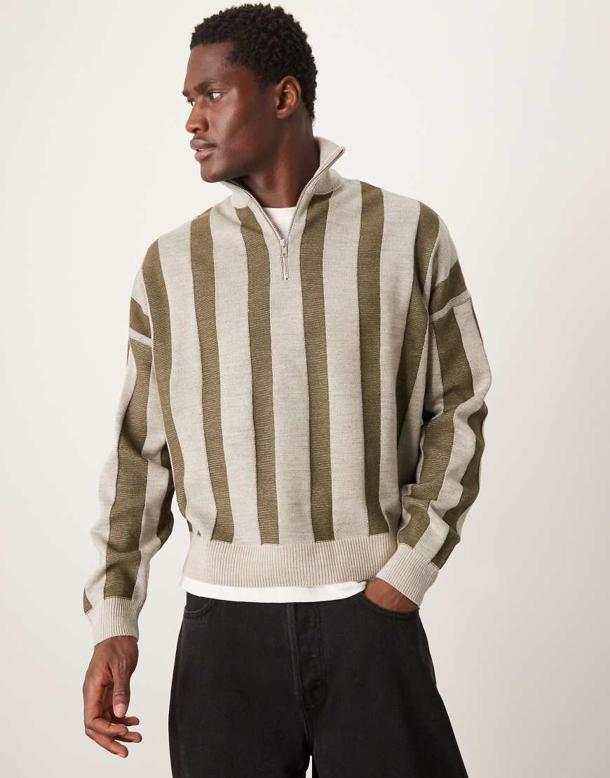 ASOS DESIGN - Kastiger Oversize-Strickpullover in Beige mit kurzem Reißverschluss und tief angesetzter Schulterpartie-Neutral von ASOS DESIGN