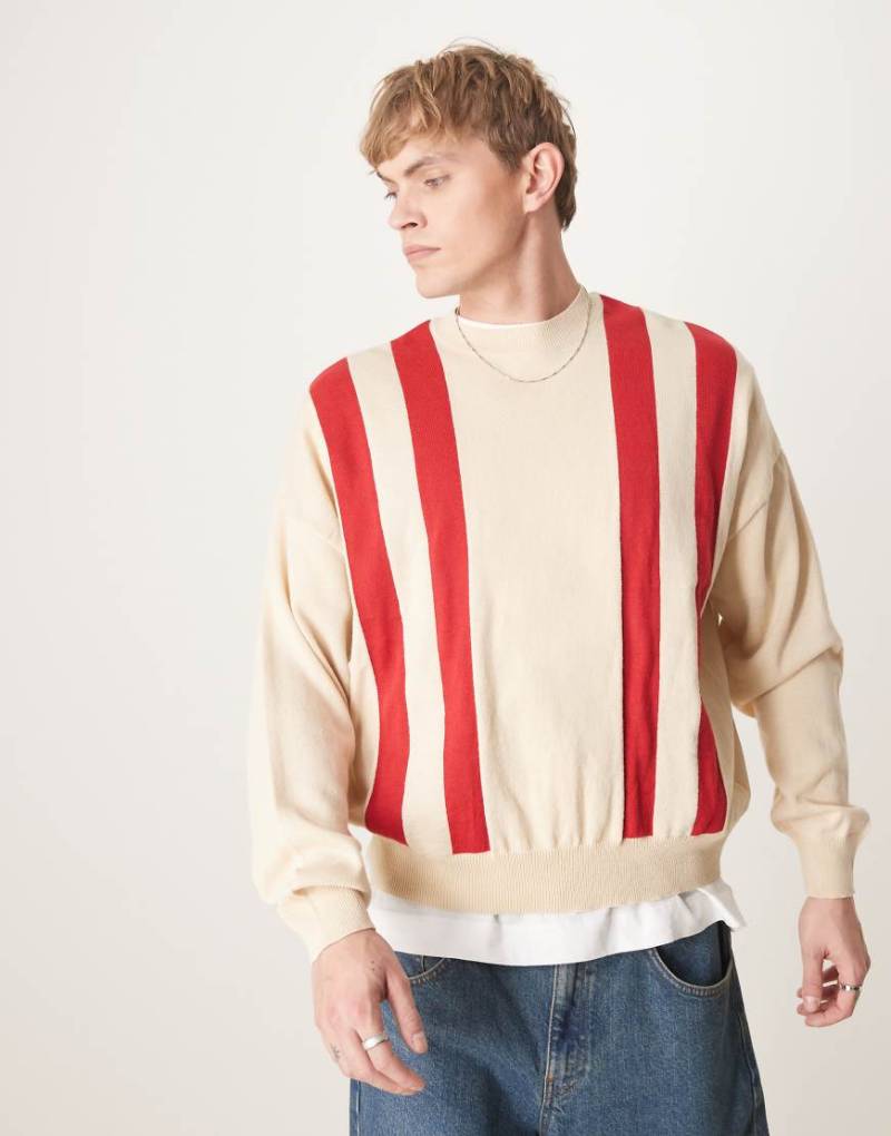 ASOS DESIGN - Kastiger Oversize-Strickpullover in Beige mit strukturiertem Streifenmuster und Rundhalsausschnitt-Neutral von ASOS DESIGN