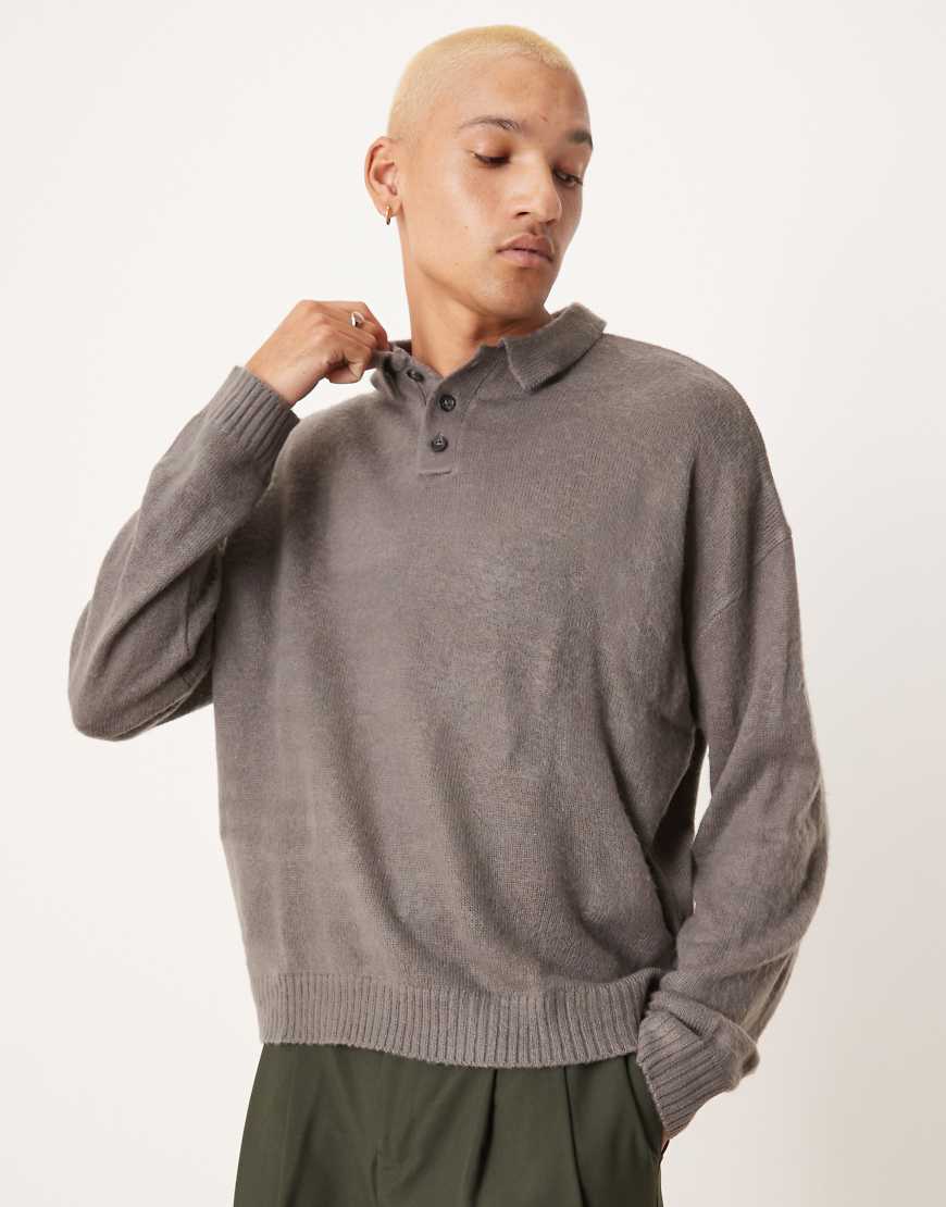 ASOS DESIGN - Kastiger Oversize-Strickpullover in Grau mit angerauter Struktur und Polokragen von ASOS DESIGN